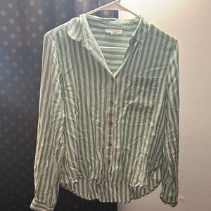 Green and White Striped Button-Up Shirt